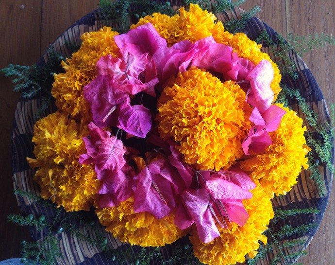 Marigold offering with pink flowers